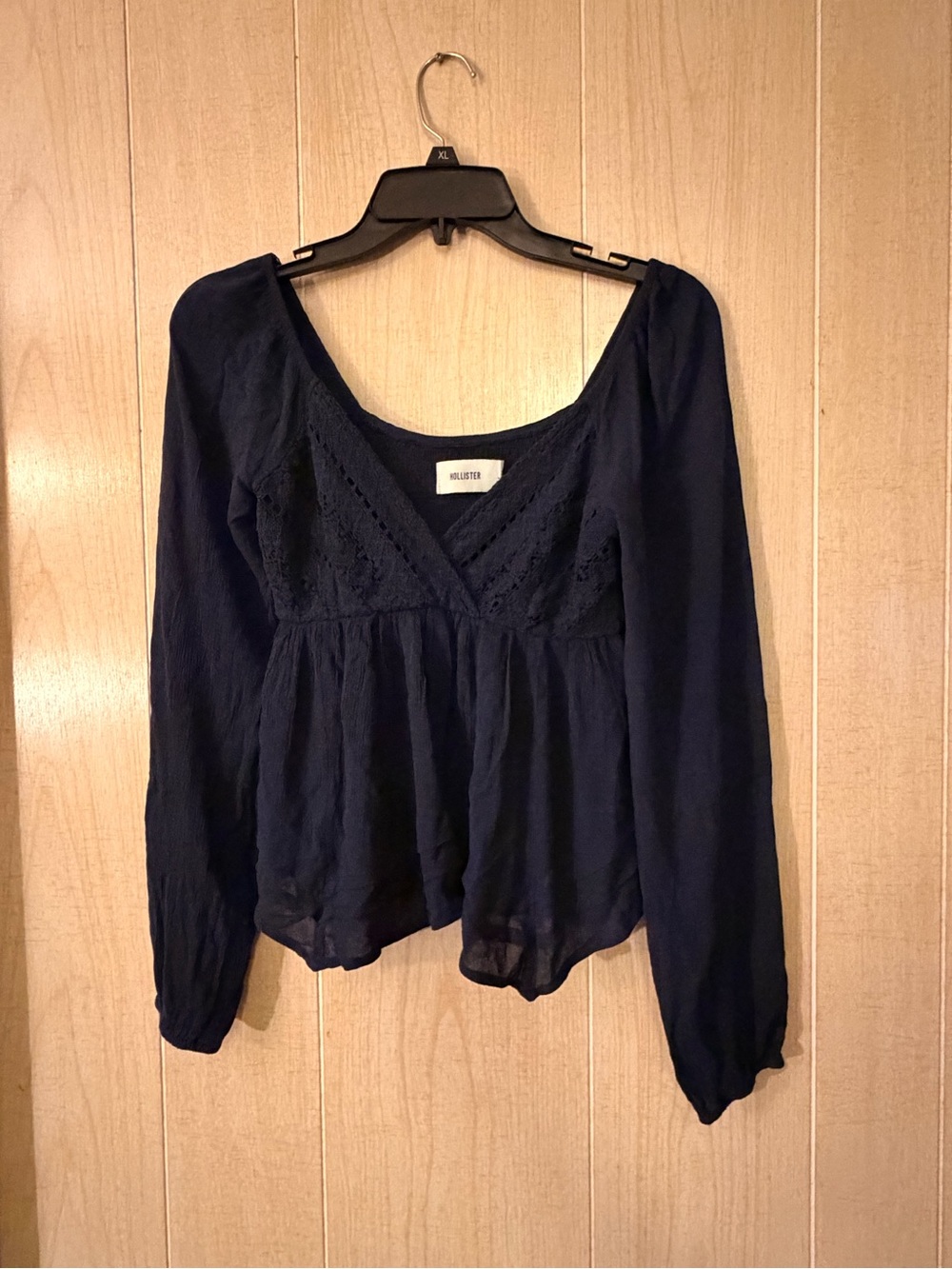 Hollister Navy Long-Sleeve Peasant Top with Crochet Detail